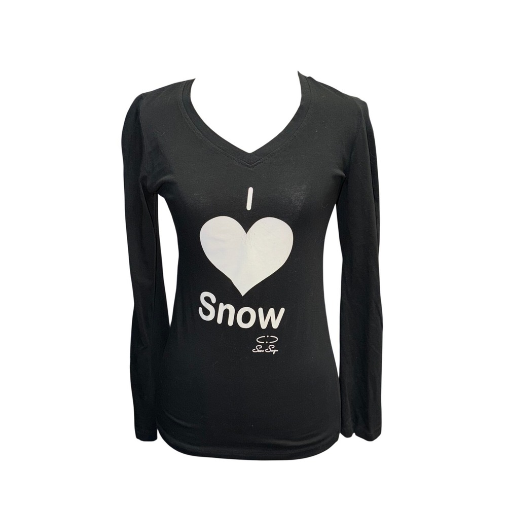Snow Sugar Long Sleeve T-Shirt Medium Black I Love Snow Graphic V-Neck Tee Y2K